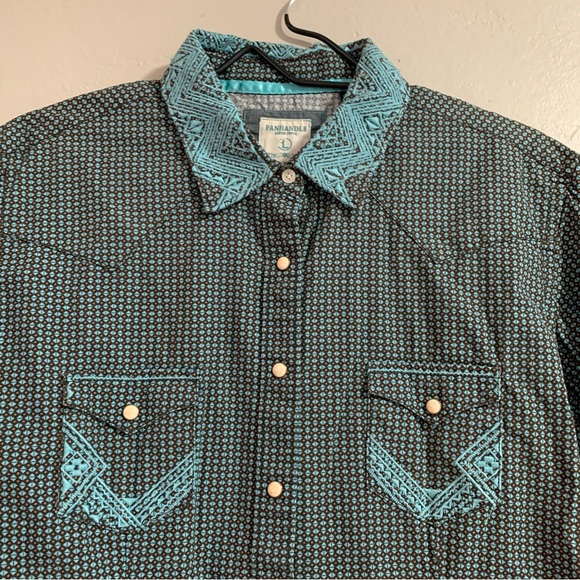 Men’s Embroidered Panhandle Rough Stock Teal Pearl Snap Long Sleeve Collar Shirt - Picture 3 of 6